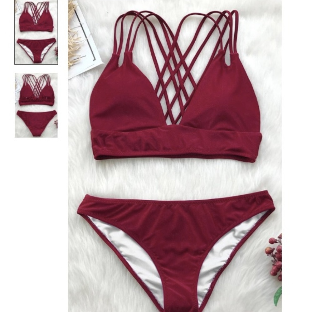 Cupshe Wine Red Get Strappy Bikini Set - S